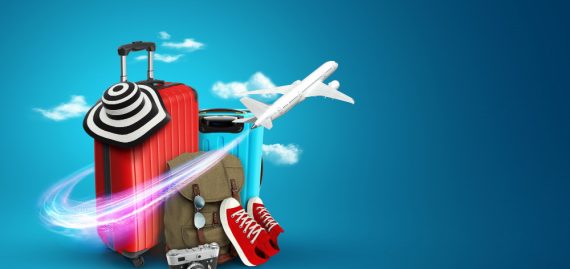 creative-background-red-suitcase-sneakers-plane-blue-background
